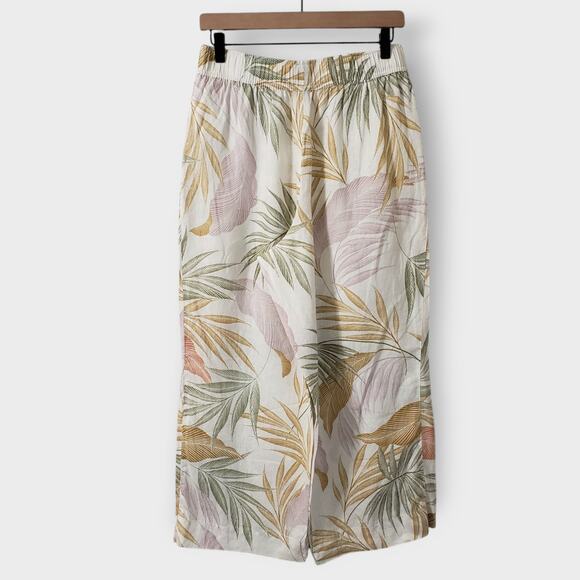 Tahari 100% Linen Pull On Pants Tropical Palm Floral Medium Flowy Wide Leg Crop - Picture 5 of 11